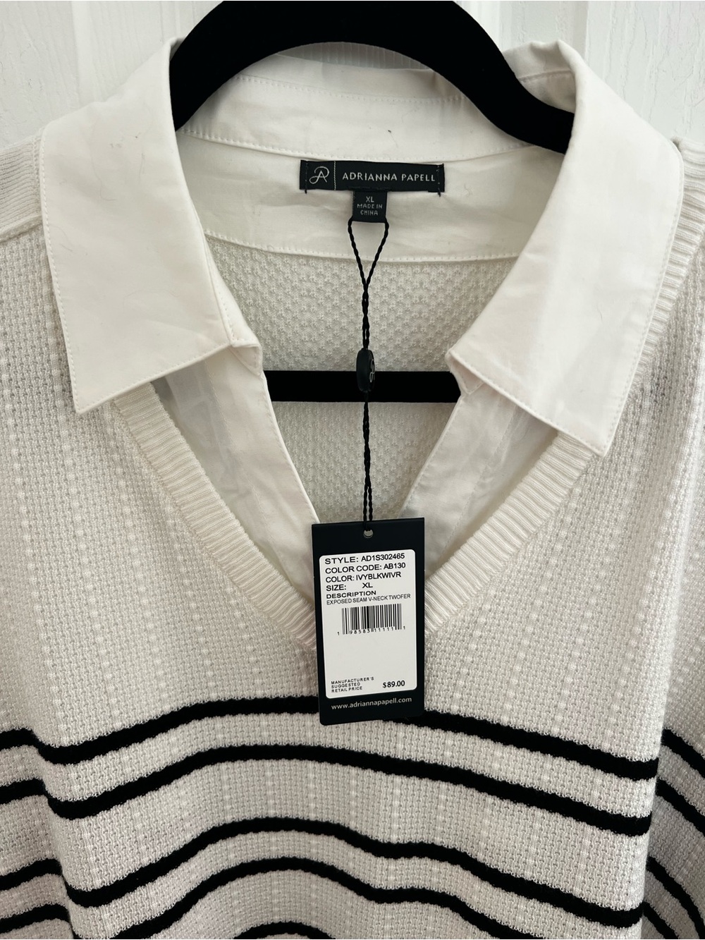 Adrianna Papell White V-Neck Layered Sweater with Black Stripes - Picture 7 of 14